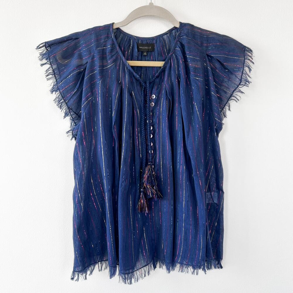 Majorelle Ruffle Sleeve Fringe Tie Blouse in Size XS Navy Prism Metallic Thread